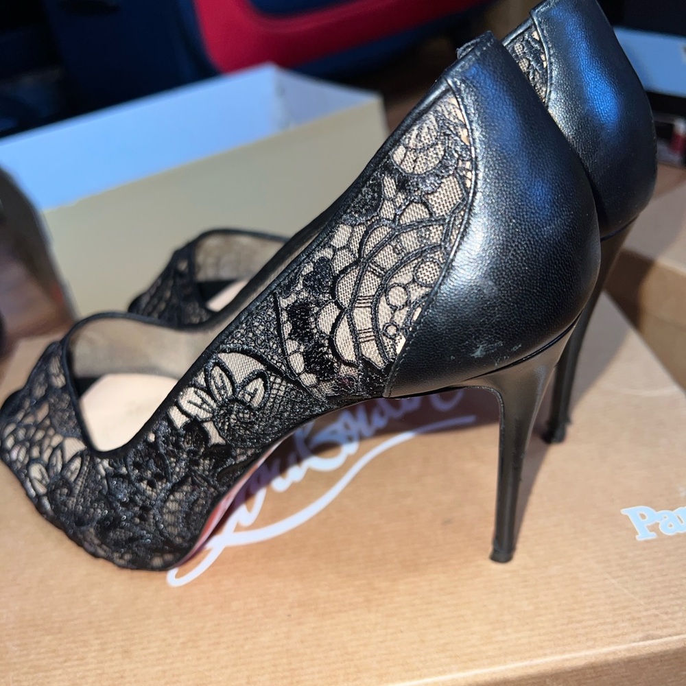 Christian Louboutin Black Lace Peep-Toe Stilettos - Picture 5 of 11